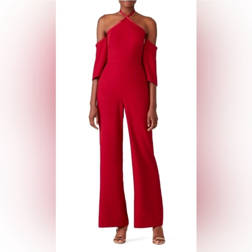 Sachin & Babi Burgundy Halter Tie Neck Wide Leg Jumpsuit